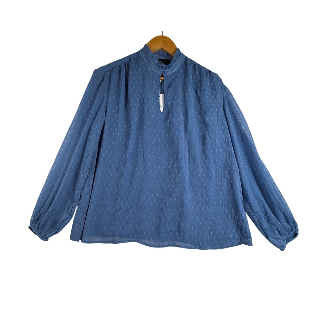 Downeast Gael Blouse Swiss Dot Ruffle Neck Top Blue Horizon Medium